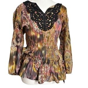 New York City Design Boho Paisley Top with Black Lace at Neckline